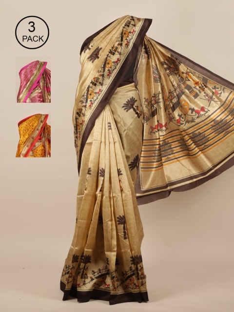 

Pothys Cream-Coloured & Pink Floral Pack of 3 Jute Silk Saree