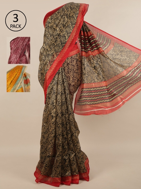 

Pothys Pack of 3 Ethnic Motifs Jute Silk Sarees, Black