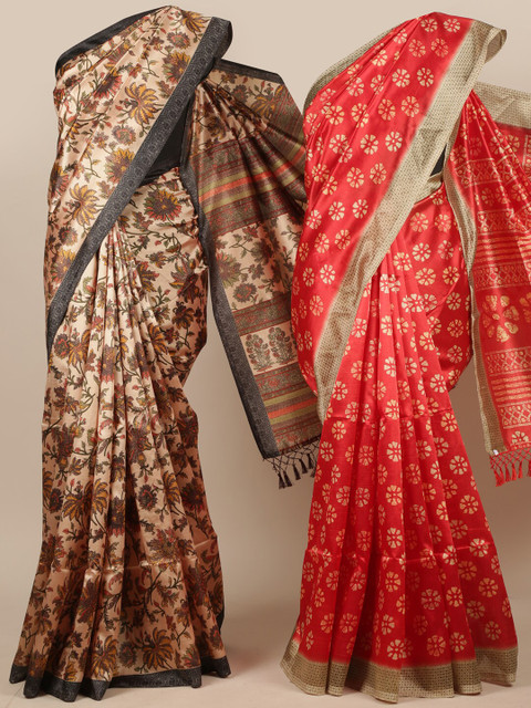 

Pothys Pack of 2 Red & Beige Floral Jute Silk Saree