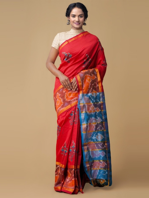 

Unnati Silks Red & Blue Ethnic Motifs Zari Silk Cotton Uppada Handloom Saree