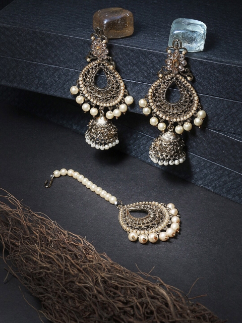 

Adwitiya Collection 24CT Gold-Plated Stone-Studded Handcrafted Maang Tikka with Jhumkas