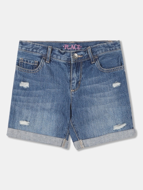 

The Childrens Place Girls Blue Washed Mid-Rise Distressed Denim Shorts