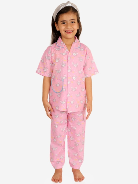 KID1 Girls Pink Printed Cotton Night suit