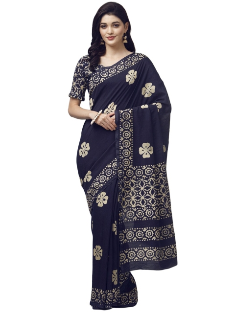 

KALINI Navy Blue & Beige Ethnic Motifs Saree