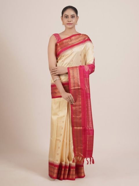 

Pothys Cream & Pink Woven Design Zari Pure Silk Gadwal Saree