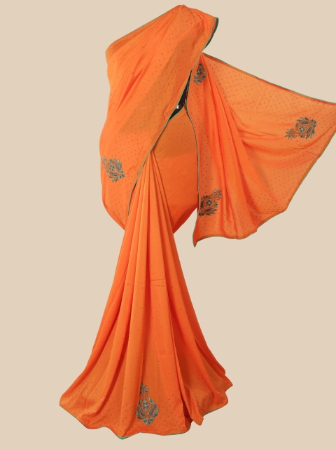

Pothys Orange & Green Embellished Beads and Stones Art Silk Saree