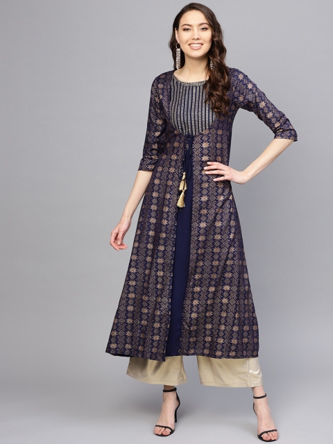 

Varanga Women Navy Blue Ethnic Motifs Printed Thread Work Kurta