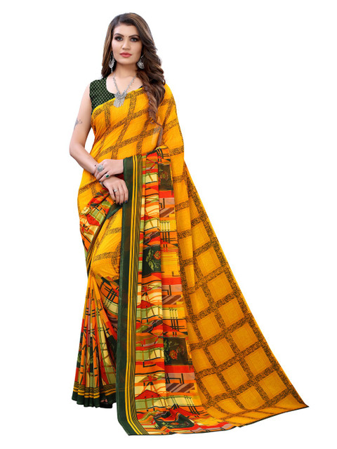 

KALINI Yellow & Green Checked Pure Georgette Saree