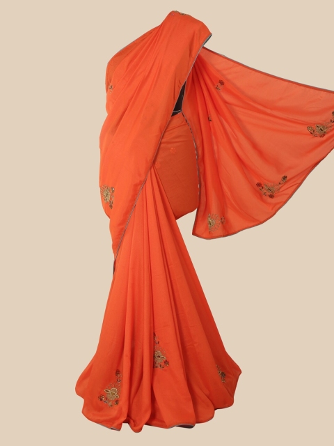 

Pothys Orange & Teal Embellished Beads and Stones Art Silk Saree
