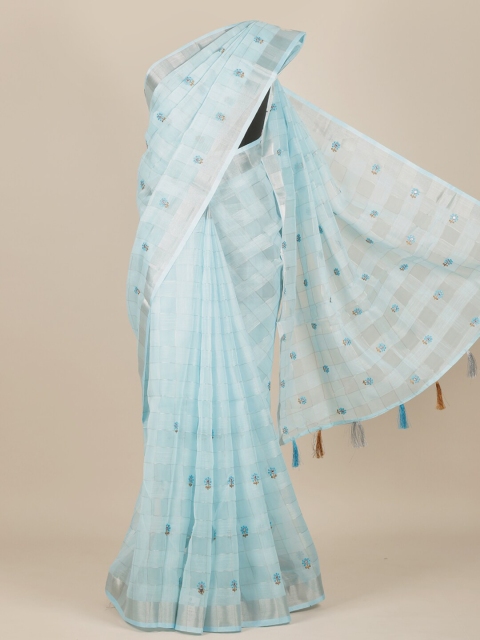 

Pothys Blue & Silver-Toned Checked Embroidered Tissue Saree With Tasseled Pallu
