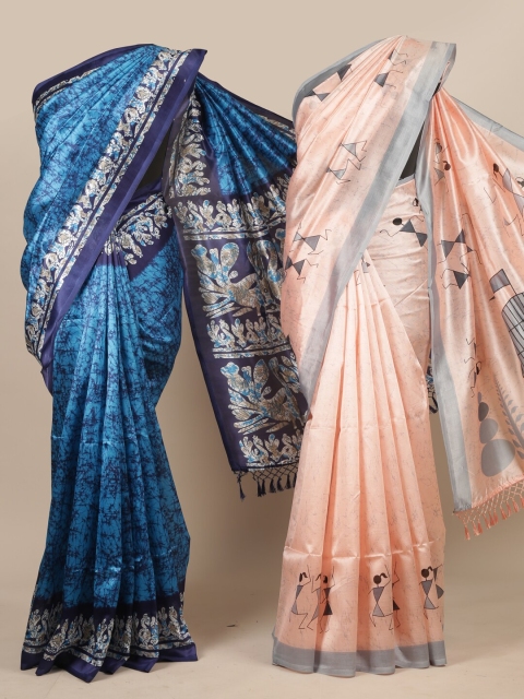 

Pothys Blue & Peach-Coloured Pack Of 2 Ethnic Motifs Jute Silk Saree