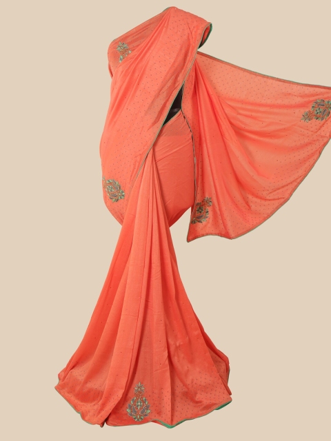 

Pothys Peach & Grey Embellished Embroidered Art Silk Saree