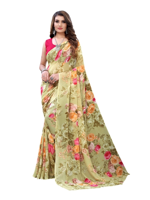 

KALINI Green & Pink Floral Pure Georgette Saree