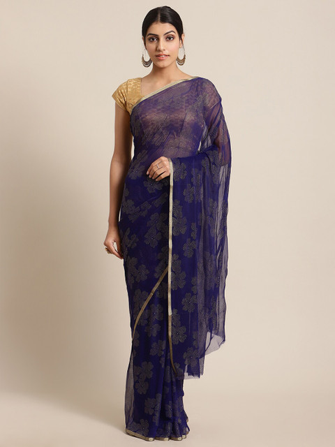 

KSUT Navy Blue & Gold-Toned Embellished Beads and Stones Saree