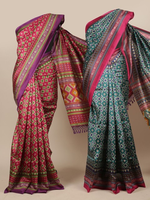 

Pothys Magenta & Green Pack Of 2 Printed Jute Silk Saree