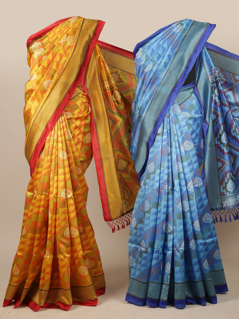 

Pothys Pack Of 2 Yellow & Blue Woven Design Jute Silk Sarees