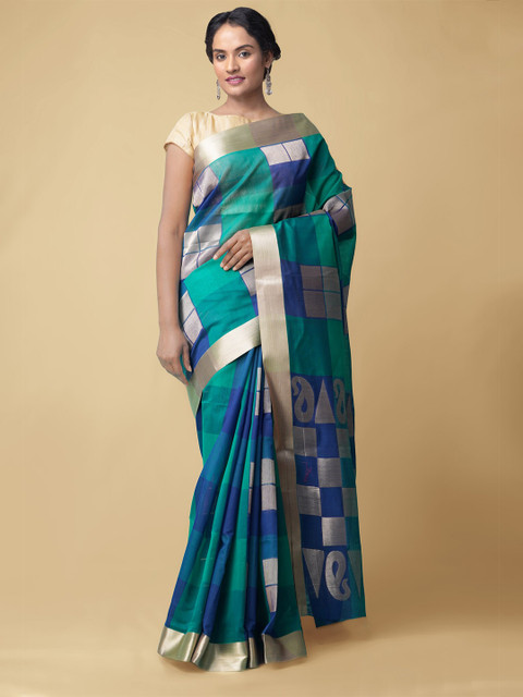 

Unnati Silks Green & Blue Checked Silk Cotton Baluchari Saree
