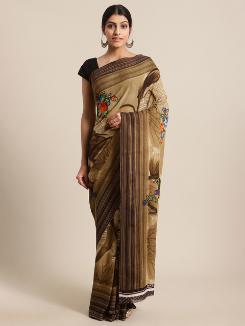 

KSUT Brown & Orange Floral Pure Georgette Saree