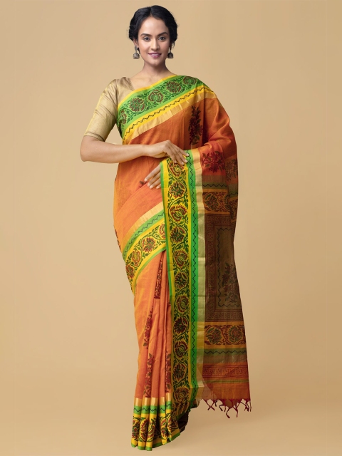 

Unnati Silks Orange & Green Ethnic Motifs Silk Cotton Handloom Maheshwari Saree