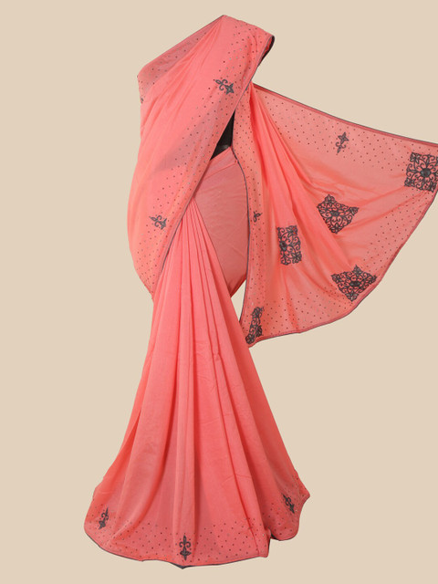 

Pothys Pink & Grey Embellished Beads and Stones Art Silk Saree