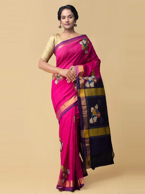 

Unnati Silks Pink & Blue Kalamkari Silk Cotton Pochampally Handloom Saree