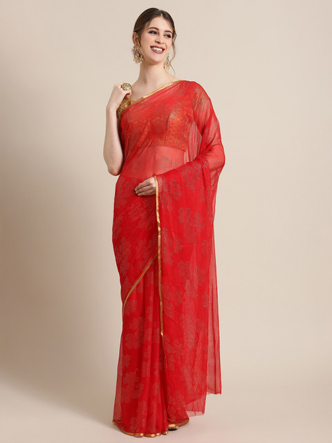 

KSUT Red & Gold-Toned Floral Pure Chiffon Saree