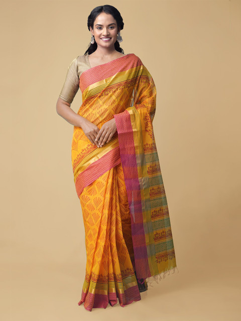 

Unnati Silks Orange & Pink Ethnic Motifs Pure Cotton Mangalagiri Saree