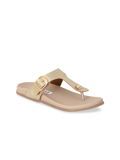 

Zyla Women Gold T-Strap Flats with Buckles