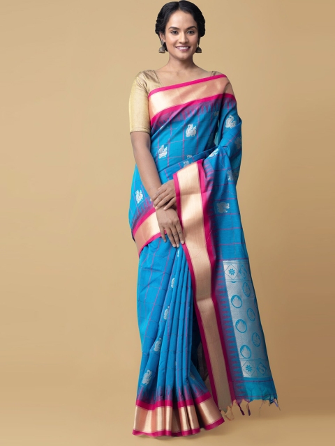 

Unnati Silks Blue & Pink Checked Zari Silk Cotton Baluchari Saree
