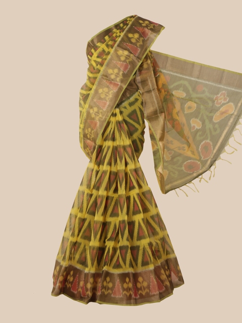 

Pothys Yellow & Olive Green Silk Cotton Pochampally Saree