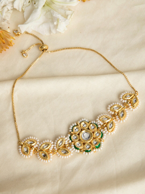 

INDYA Women Gold & Red Kundan Meenakari Gold-Plated Chain Bracelet