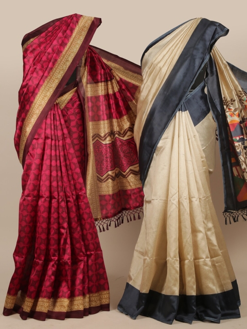 

Pothys Pack Of 2 Magenta & Beige Ethnic Motifs Jute Silk Sarees
