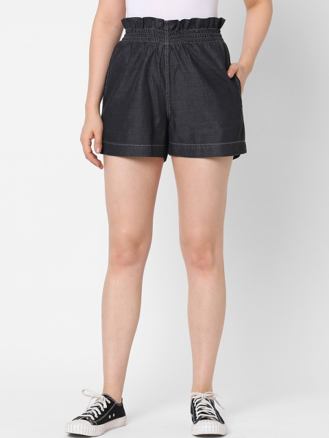

TARAMA Women Black Washed High-Rise Hot Pants Shorts