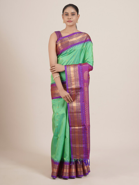 

Pothys Green & Purple Woven Design Zari Pure Silk Gadwal Saree