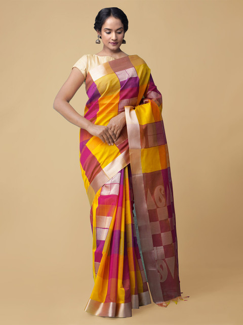 

Unnati Silks Pink & Yellow Checked Zari Silk Cotton Baluchari Saree