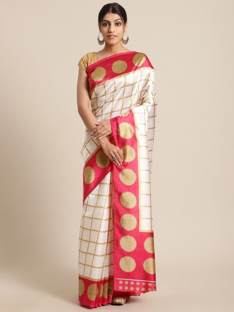 

KSUT White & Pink Checked Art Silk Mysore Silk Saree
