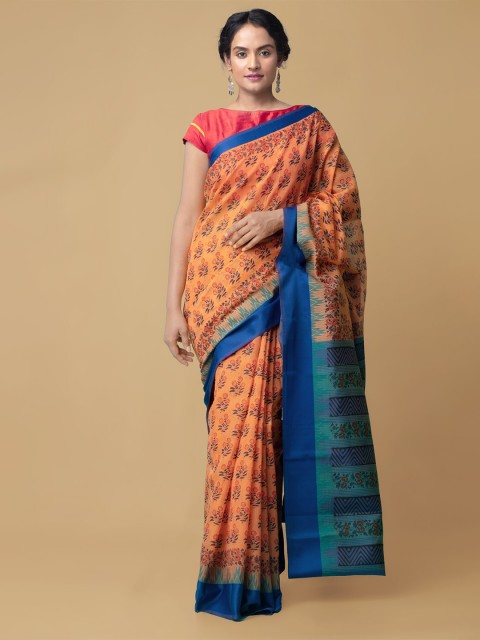 

Unnati Silks Orange & Blue Ethnic Motifs Silk Cotton Chanderi Saree