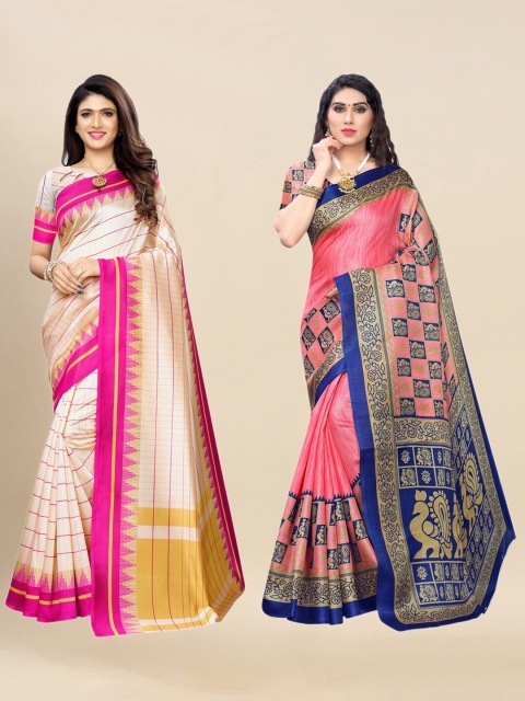 

KALINI Pack Of 2 Cream-Coloured & Pink Woven Design Zari Sarees