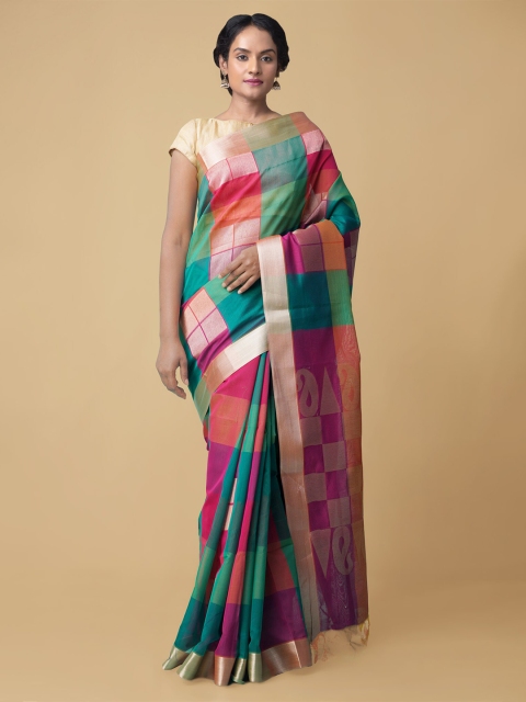 Unnati Silks Green & Pink Checked Zari Silk Cotton Baluchari Saree