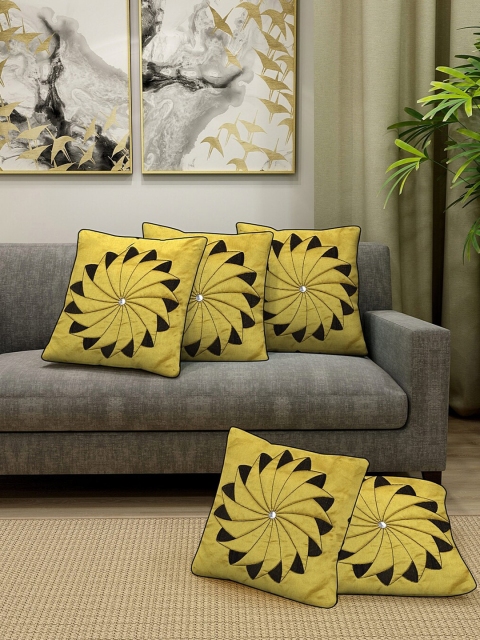 

DREAM WEAVERZ Mustard & Black Set of 5 Embroidered Square Cushion Covers