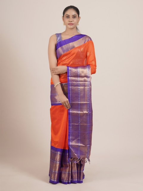 

Pothys Orange & Blue Woven Design Zari Pure Silk Gadwal Saree