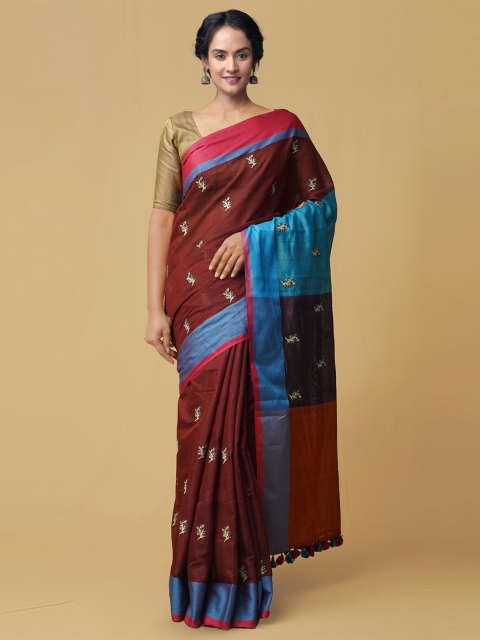 

Unnati Silks Maroon & Blue Floral Linen Blend Handloom Jamdani Saree