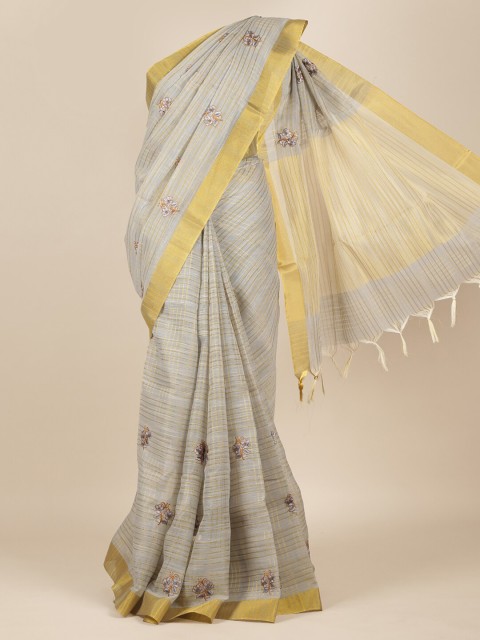 

Pothys Grey & Gold-Toned Checked Embroidered Pure Cotton Saree