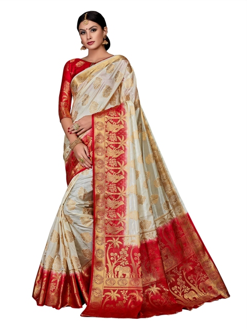 

GoSriKi Grey & Red Woven Design Zari Art Silk Saree