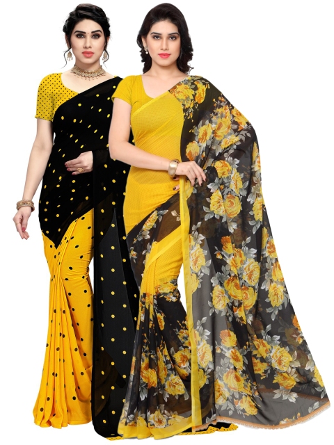 KALINI Pack Of 2 Black & Yellow Floral Sarees