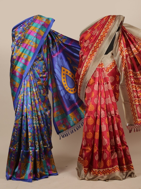 

Pothys Pack Of 2 Blue & Maroon Ethnic Motifs Jute Silk Sarees