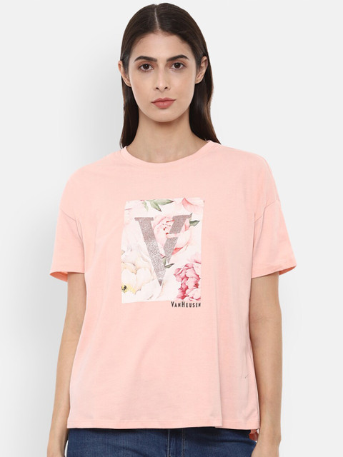 

Van Heusen Woman Women Peach Typography Printed Cotton Pure Cotton T-shirt