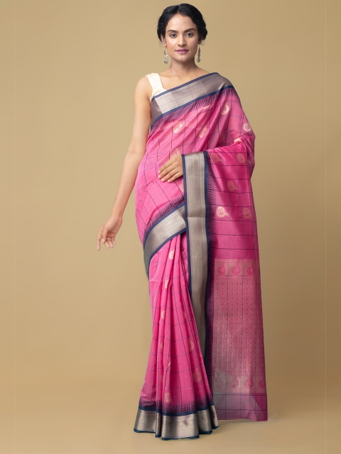

Unnati Silks Pink & Blue Checked Zari Silk Cotton Handloom Baluchari Saree