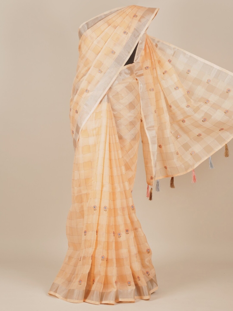 

Pothys Peach & Silver Checked Embroidered Tissue Saree With Tasseled Pallu