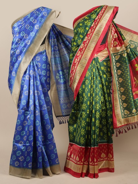 

Pothys Pack of 2 Blue & Green Ethnic Motifs Printed Jute Silk Saree